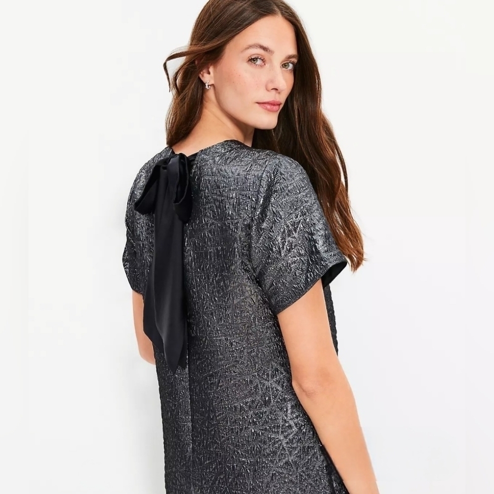 NWT | LOFT | Metallic Brocade Bow Back Mini Dress | Size: 4 | Black & Silver